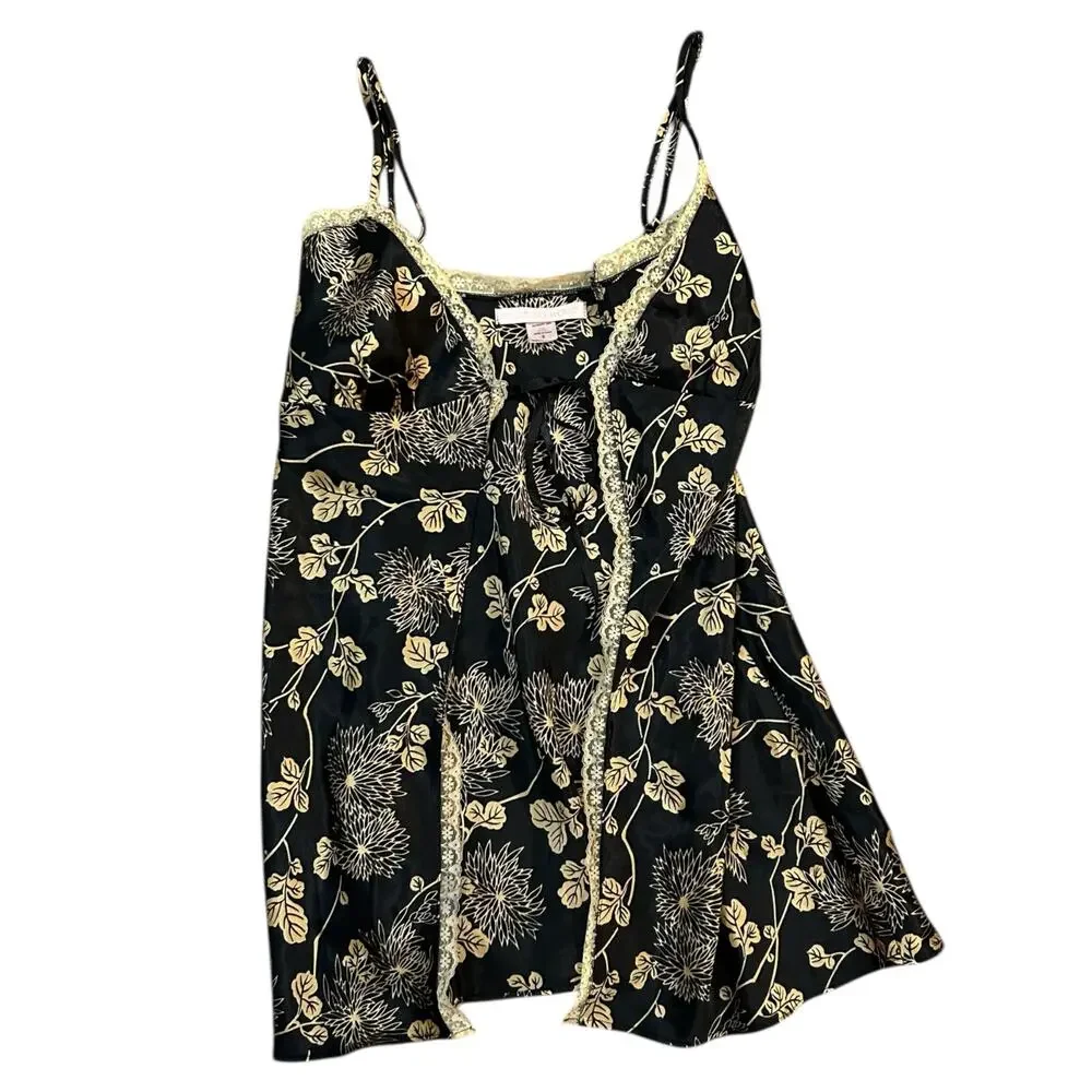 Y2K Victoria’s Secret Satin Floral Chemise Slip Black Gold Lace Trim Boudoir